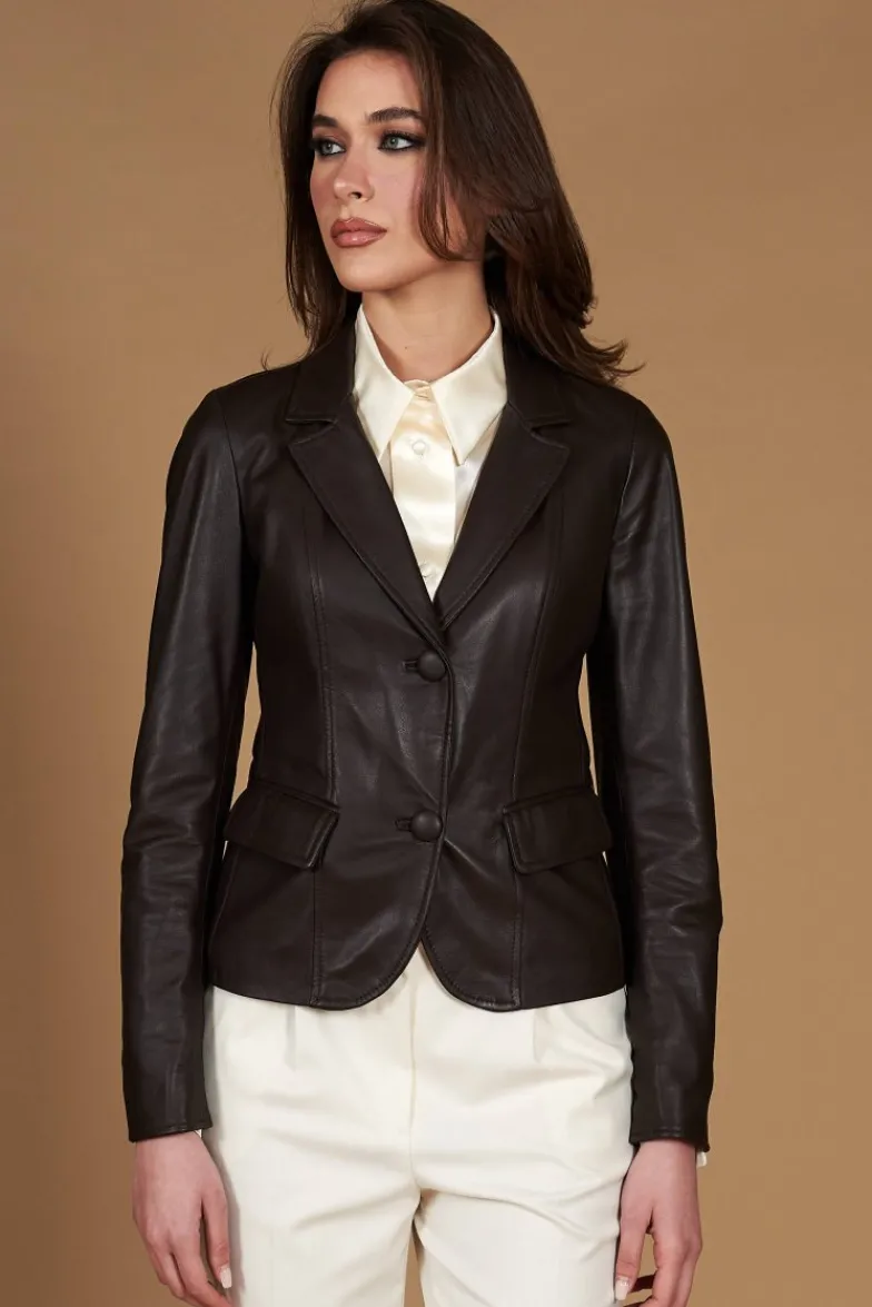 Donna D'Arienzo Blazer - Giacca blazer in pelle testa di moro due bottoni nappa effetto liscio