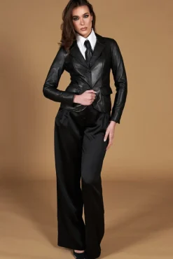 Donna D'Arienzo Blazer - Giacca blazer in pelle nera due bottoni nappa effetto liscio