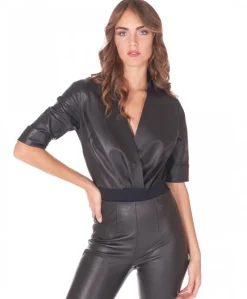Donna D'Arienzo Body - Body in pelle nera e tessuto elastico