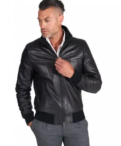 Uomo D'Arienzo Bomber - Bomber in pelle nera nappa effetto liscio