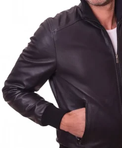 Uomo D'Arienzo Bomber - Bomber in pelle nera nappa effetto liscio