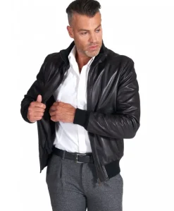 Uomo D'Arienzo Bomber - Bomber in pelle nera nappa effetto liscio