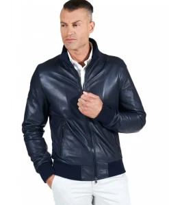 Uomo D'Arienzo Bomber - Giubbotto Bomber in pelle blu nappa effetto liscio