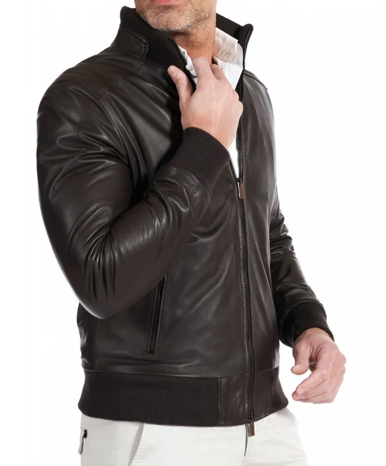 Uomo D'Arienzo Bomber - Giubbotto Bomber in pelle naturale testa di moro collo alto lana