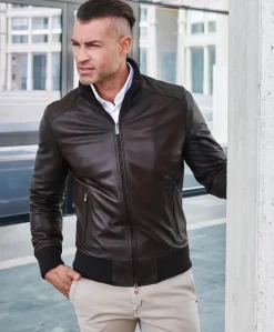 Uomo D'Arienzo Bomber - Giubbotto Bomber in pelle naturale testa di moro collo alto lana