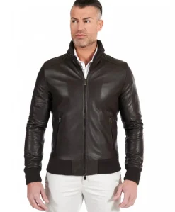 Uomo D'Arienzo Bomber - Giubbotto Bomber in pelle naturale testa di moro collo alto lana