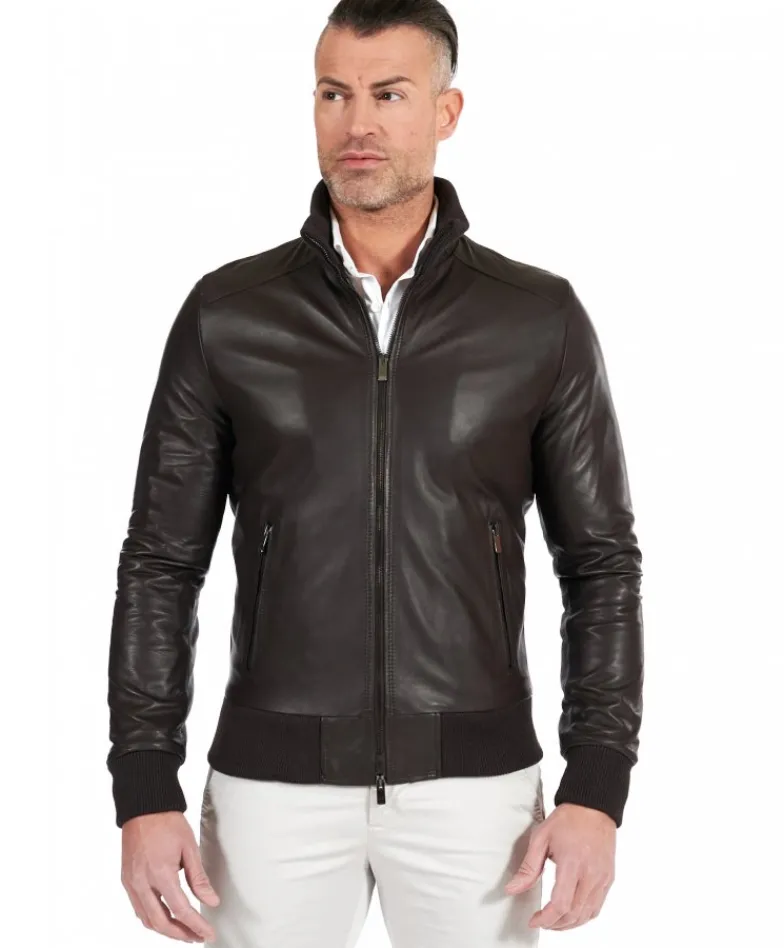 Uomo D'Arienzo Bomber - Giubbotto Bomber in pelle naturale testa di moro collo alto lana