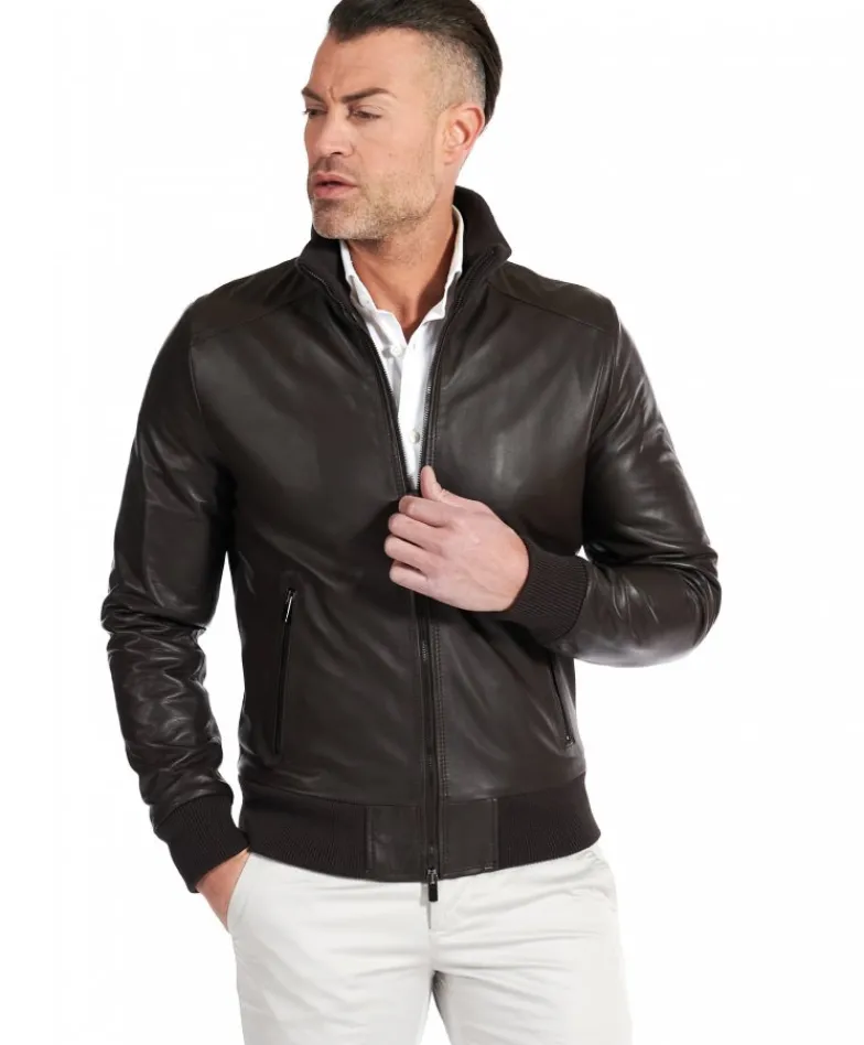 Uomo D'Arienzo Bomber - Giubbotto Bomber in pelle naturale testa di moro collo alto lana