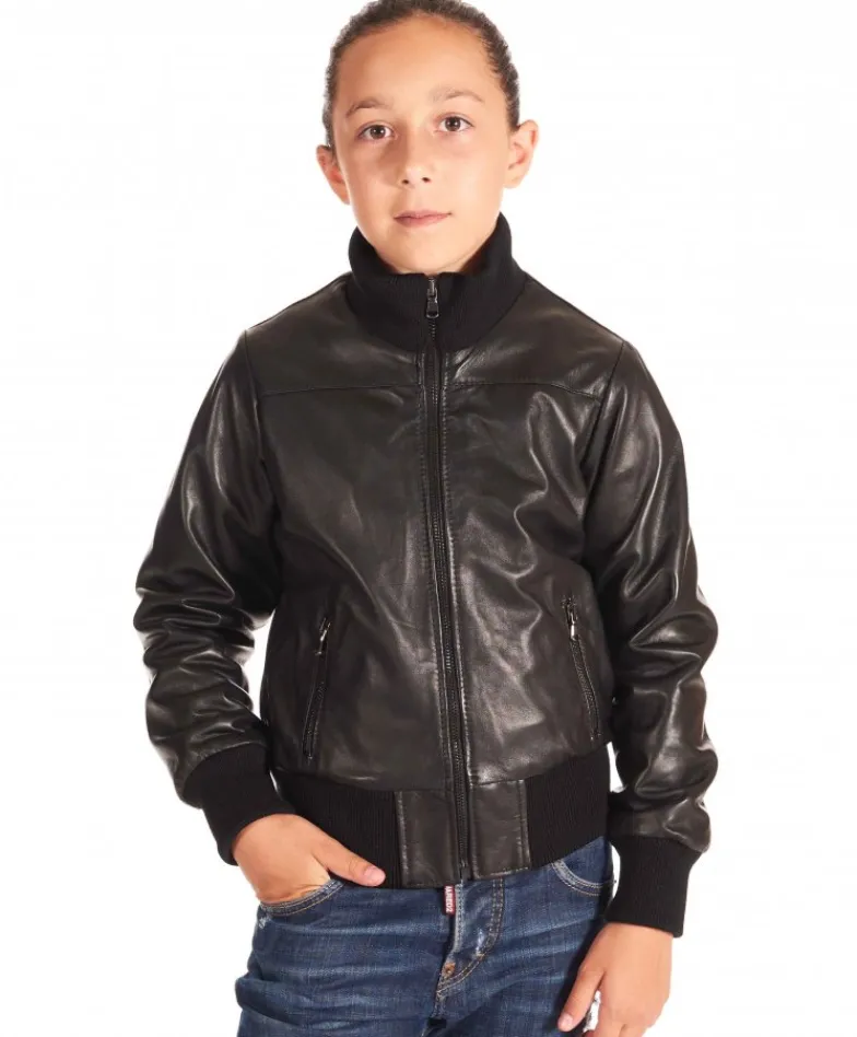 Bambino D'Arienzo Bomber Baby - Bomber in pelle nera per bambino Unisex