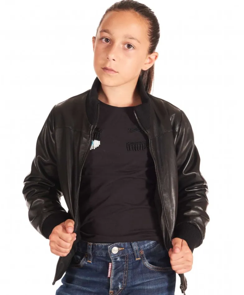Bambino D'Arienzo Bomber Baby - Bomber in pelle nera per bambino Unisex