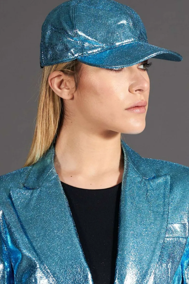 Donna D'Arienzo Boston - Cappello baseball in pelle laminata azzurra unisex strappo regolabile