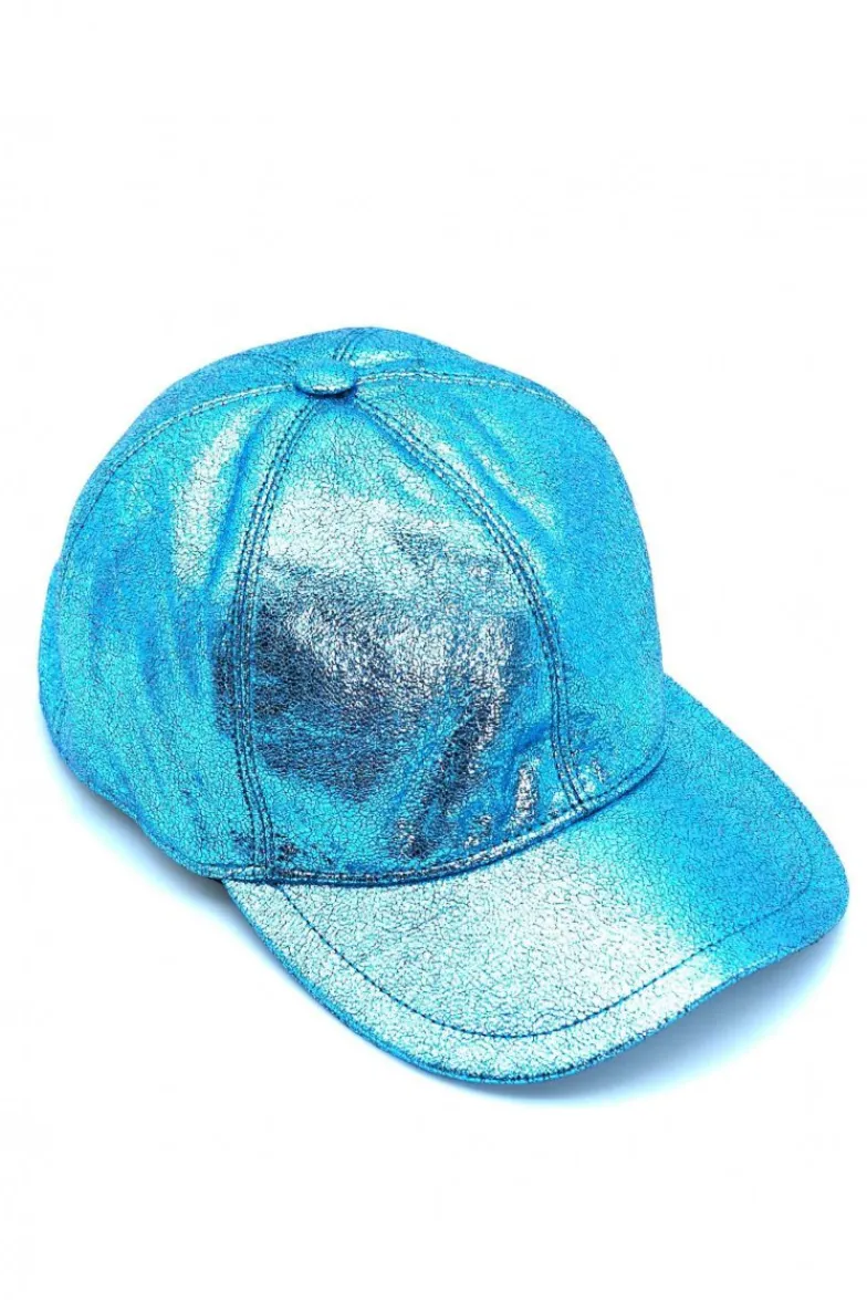 Donna D'Arienzo Boston - Cappello baseball in pelle laminata azzurra unisex strappo regolabile