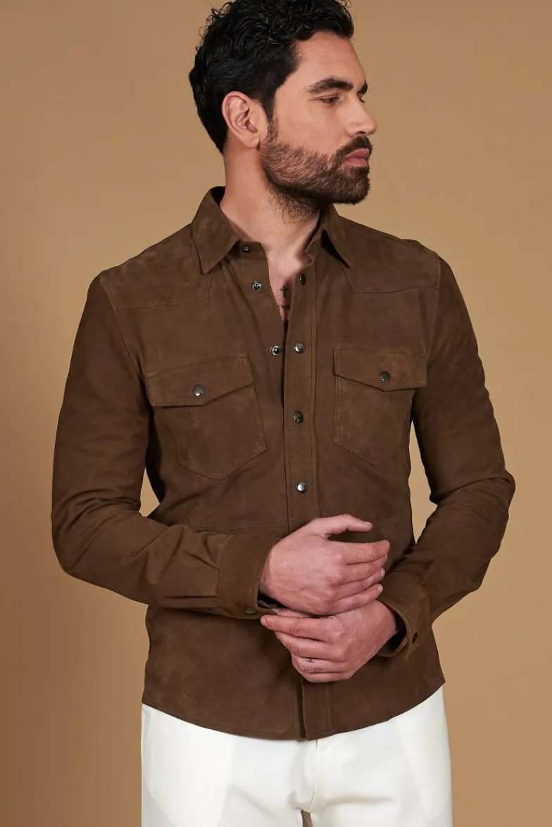 Uomo D'Arienzo Calvin - Camicia sfoderata camoscio fango con bottoni a pressione