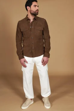 Uomo D'Arienzo Calvin - Camicia sfoderata camoscio fango con bottoni a pressione