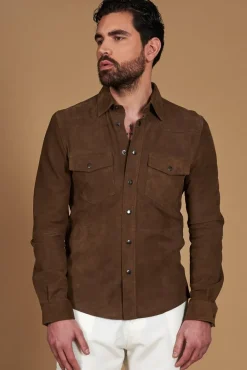 Uomo D'Arienzo Calvin - Camicia sfoderata camoscio fango con bottoni a pressione