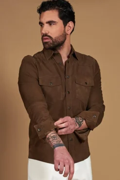 Uomo D'Arienzo Calvin - Camicia sfoderata camoscio fango con bottoni a pressione