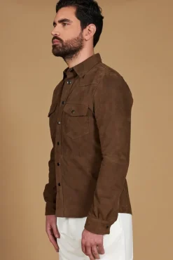 Uomo D'Arienzo Calvin - Camicia sfoderata camoscio fango con bottoni a pressione