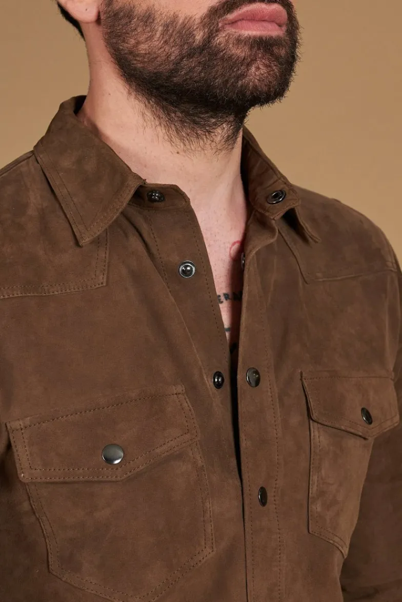 Uomo D'Arienzo Calvin - Camicia sfoderata camoscio fango con bottoni a pressione
