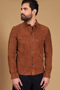 Uomo D'Arienzo Calvin - Camicia sfoderata camoscio cuoio con bottoni a pressione