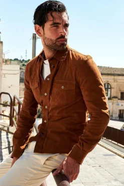 Uomo D'Arienzo Calvin - Camicia sfoderata camoscio cuoio con bottoni a pressione