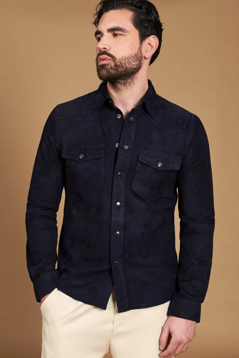 Uomo D'Arienzo Calvin - Camicia sfoderata camoscio blu con bottoni a pressione