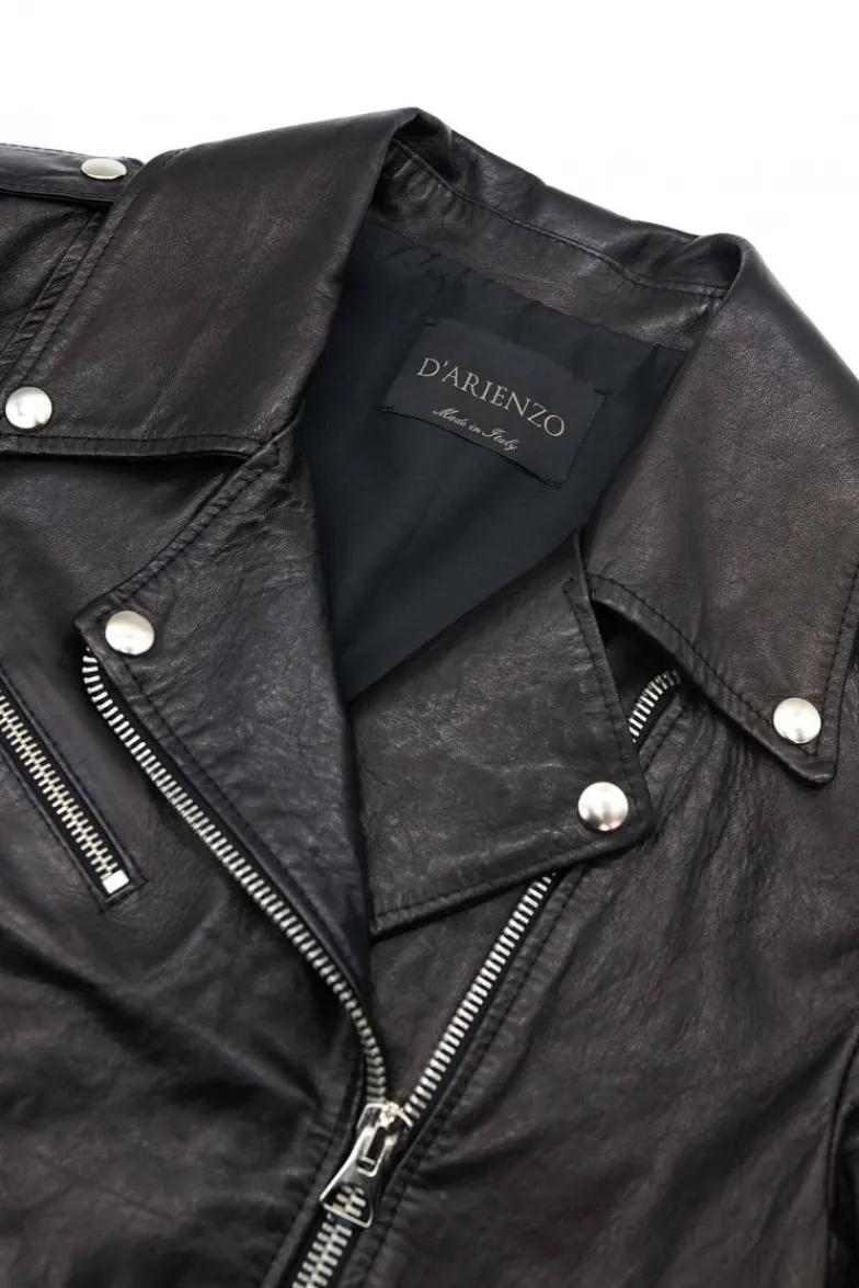 Donna D'Arienzo Camy - Giacca chiodo in pelle vintage nera vestibilità comoda