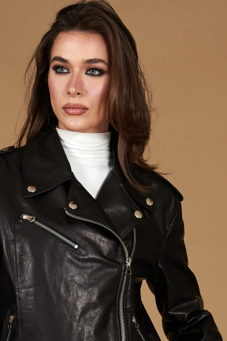 Donna D'Arienzo Camy - Giacca chiodo in pelle vintage nera vestibilità comoda