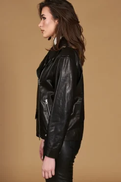 Donna D'Arienzo Camy - Giacca chiodo in pelle vintage nera vestibilità comoda
