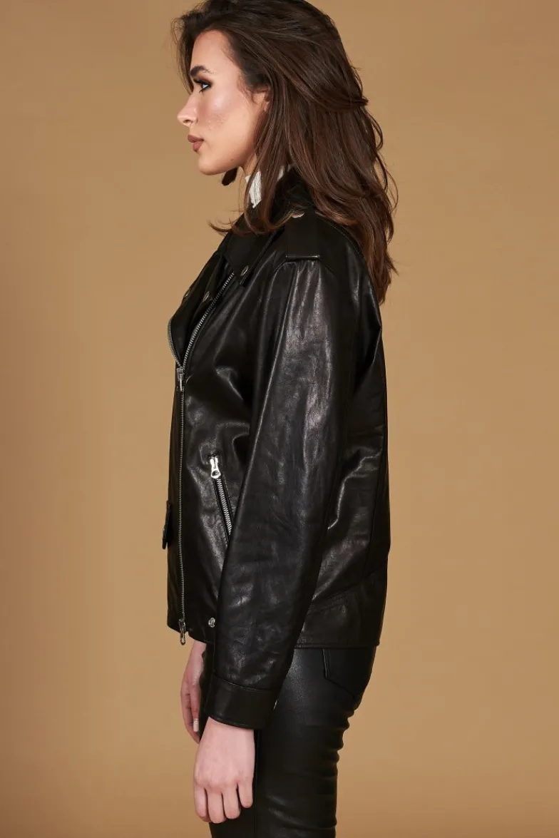 Donna D'Arienzo Camy - Giacca chiodo in pelle vintage nera vestibilità comoda