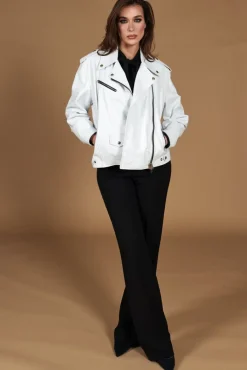 Donna D'Arienzo Camy - Giacca chiodo in pelle nappa bianca vestibilità comoda