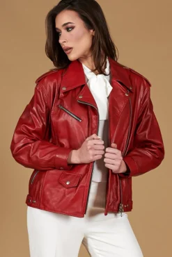 Donna D'Arienzo Camy - Giacca chiodo in pelle nappa rossa vestibilità comoda