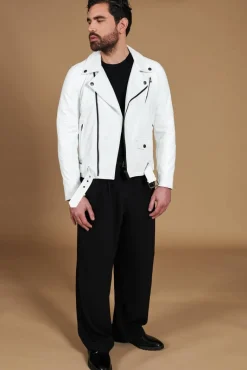 Uomo D'Arienzo Chiodo biker - Chiodo biker in pelle bianca con cintura nappa effetto liscio
