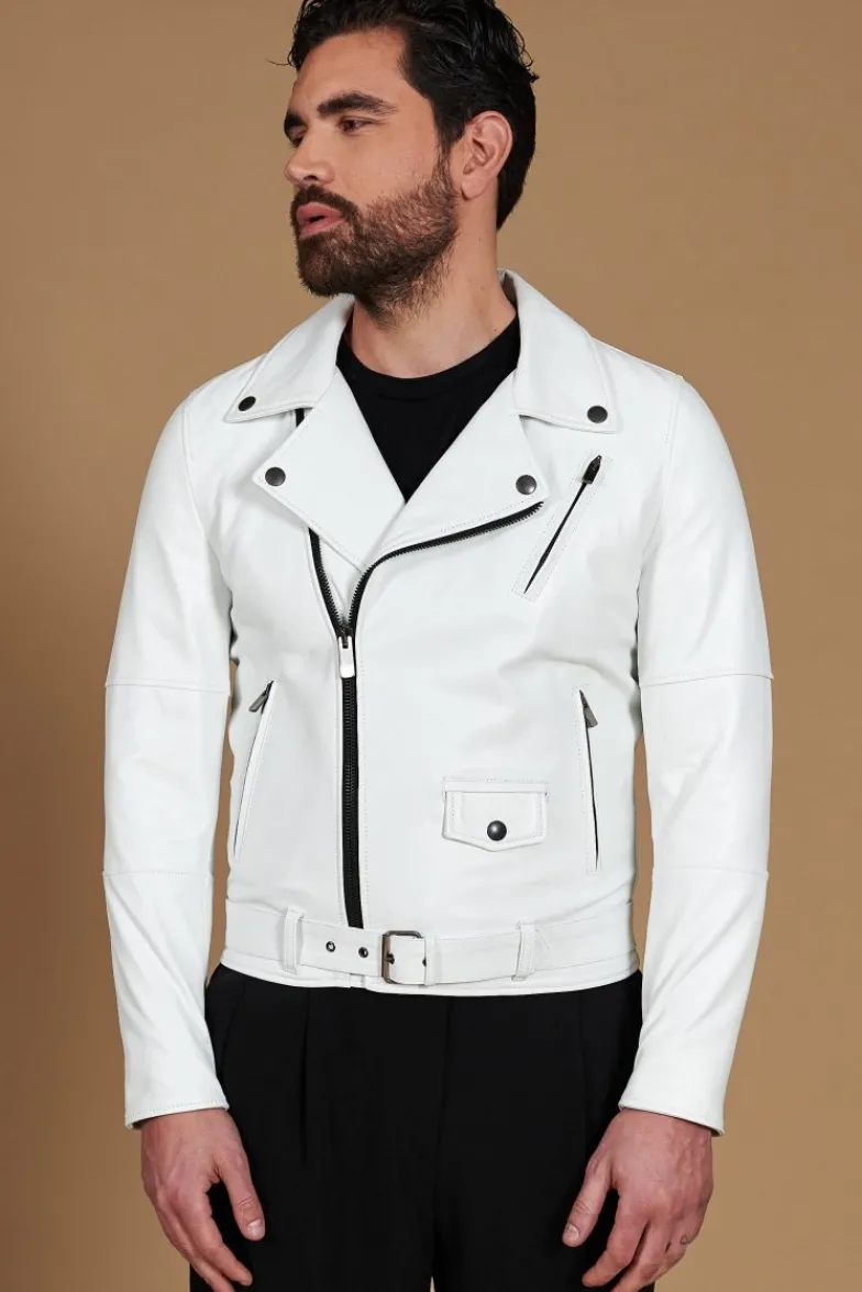 Uomo D'Arienzo Chiodo biker - Chiodo biker in pelle bianca con cintura nappa effetto liscio