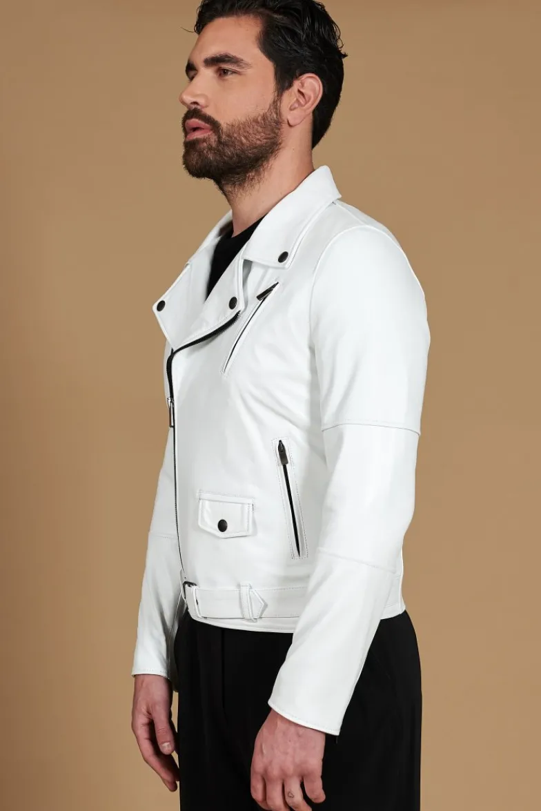 Uomo D'Arienzo Chiodo biker - Chiodo biker in pelle bianca con cintura nappa effetto liscio