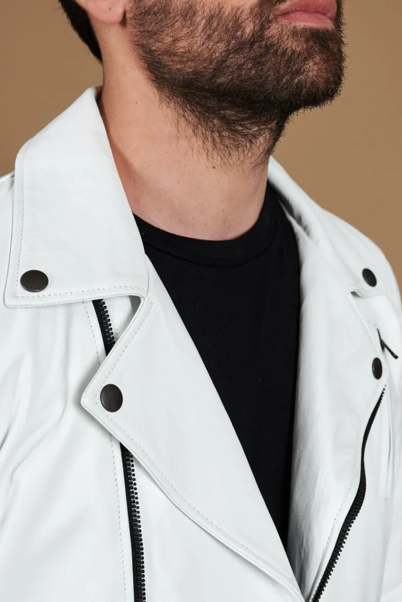 Uomo D'Arienzo Chiodo biker - Chiodo biker in pelle bianca con cintura nappa effetto liscio