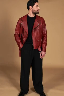 Uomo D'Arienzo Chiodo biker - Chiodo biker in pelle rossa con cintura effetto liscio