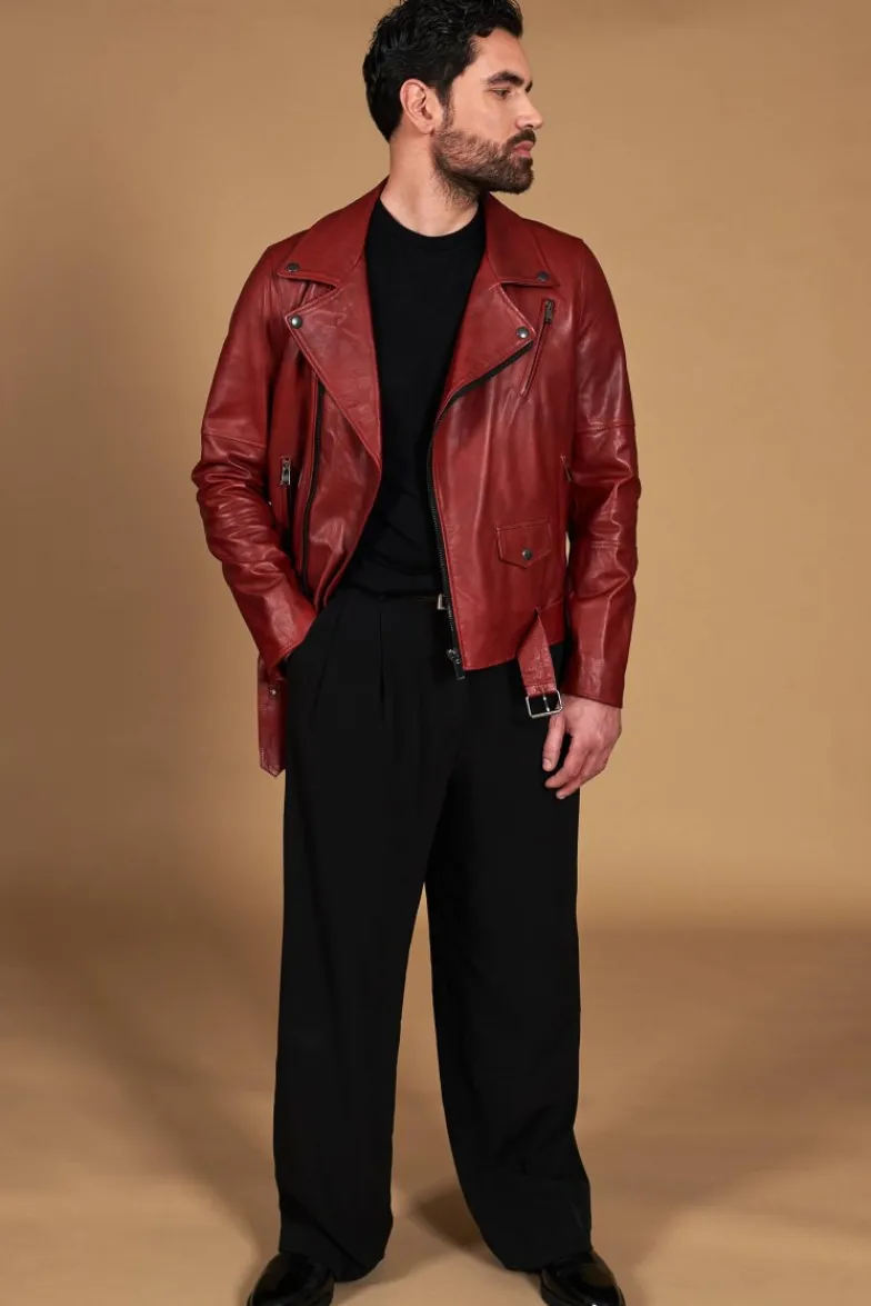 Uomo D'Arienzo Chiodo biker - Chiodo biker in pelle rossa con cintura effetto liscio