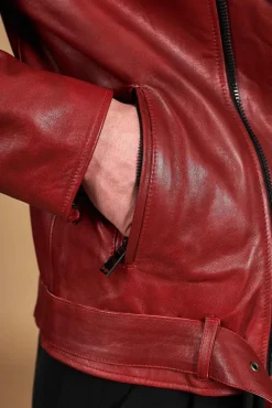 Uomo D'Arienzo Chiodo biker - Chiodo biker in pelle rossa con cintura effetto liscio