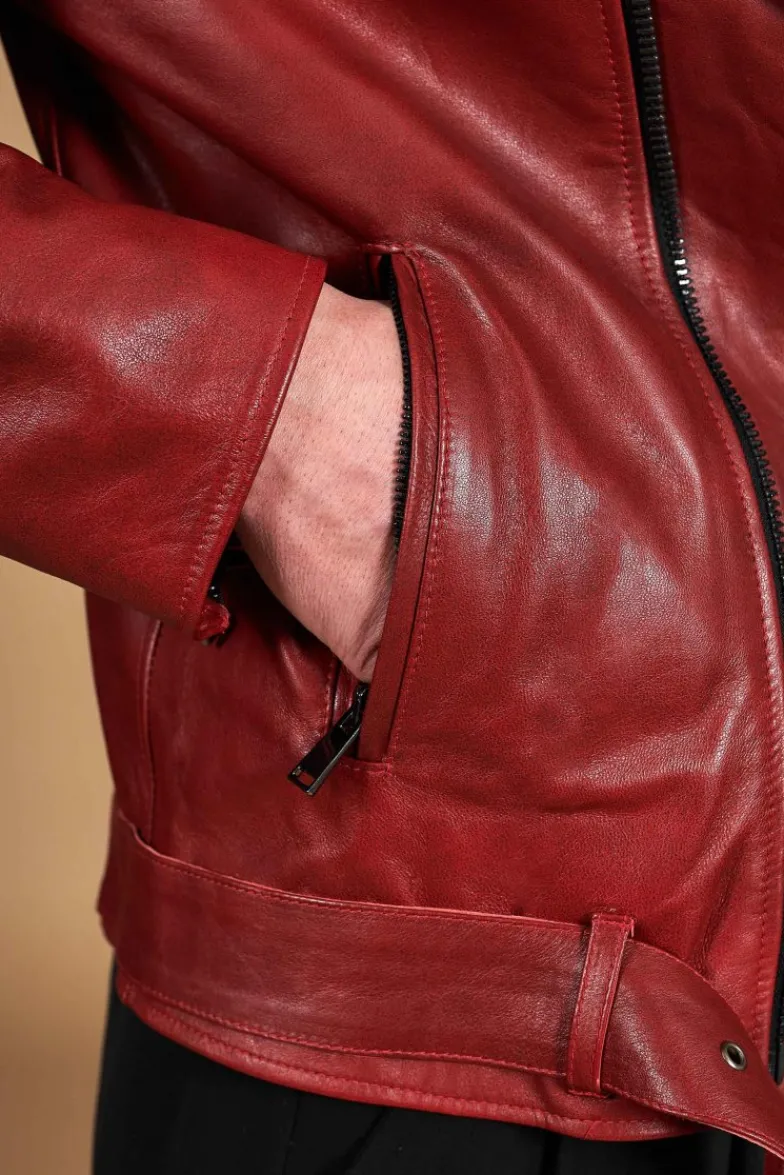 Uomo D'Arienzo Chiodo biker - Chiodo biker in pelle rossa con cintura effetto liscio