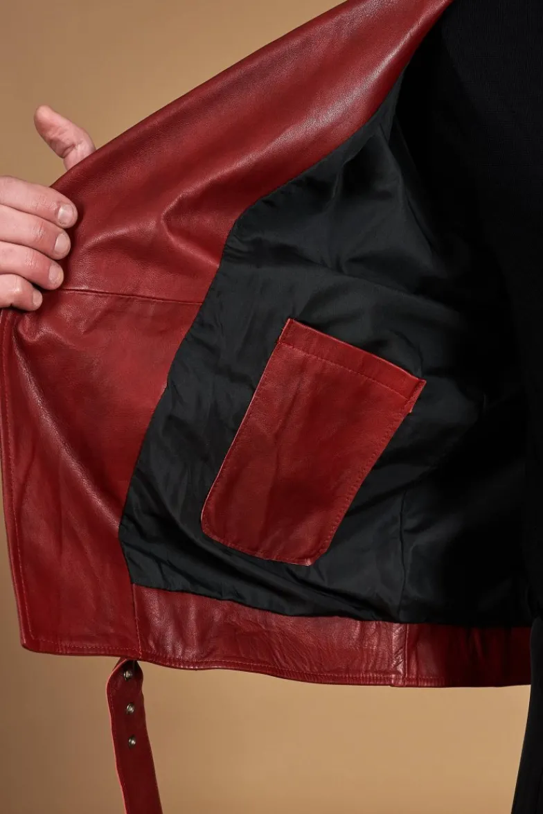 Uomo D'Arienzo Chiodo biker - Chiodo biker in pelle rossa con cintura effetto liscio
