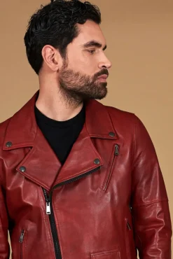 Uomo D'Arienzo Chiodo biker - Chiodo biker in pelle rossa con cintura effetto liscio