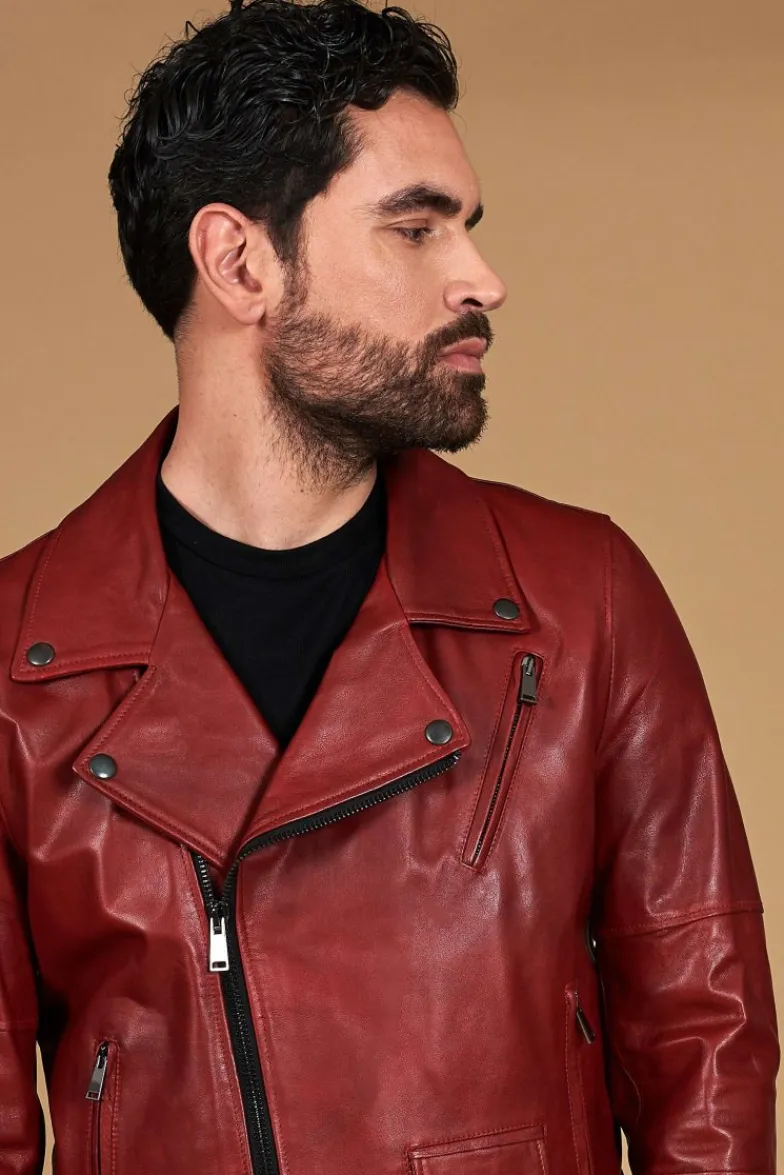 Uomo D'Arienzo Chiodo biker - Chiodo biker in pelle rossa con cintura effetto liscio