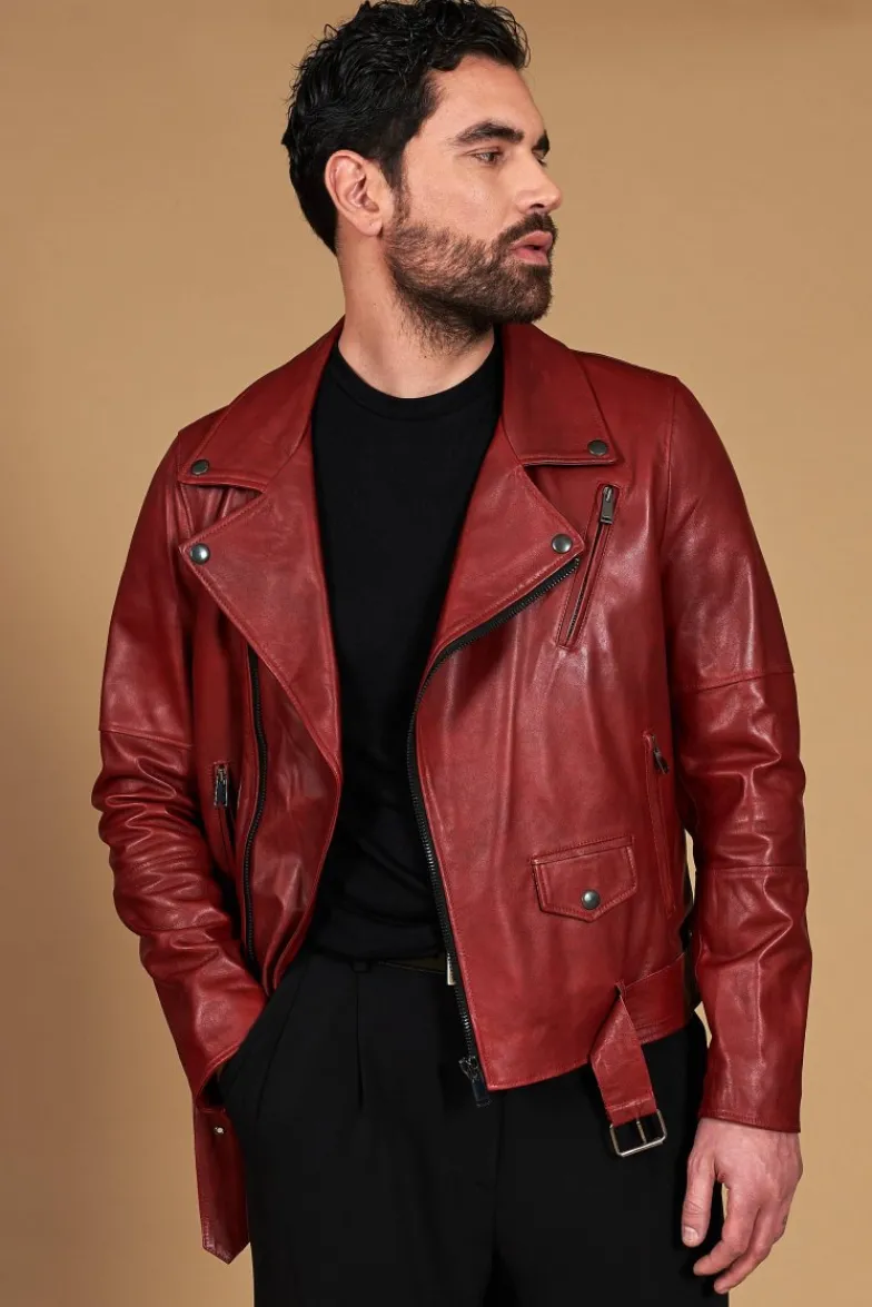 Uomo D'Arienzo Chiodo biker - Chiodo biker in pelle rossa con cintura effetto liscio