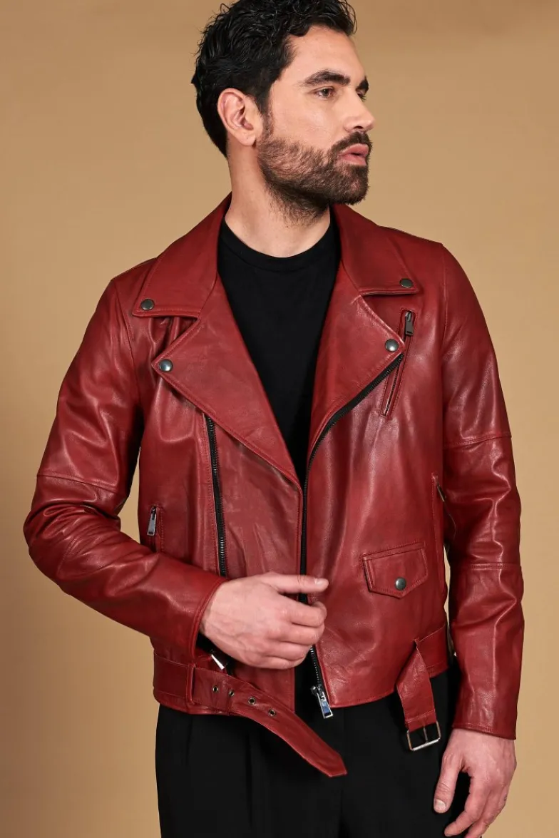 Uomo D'Arienzo Chiodo biker - Chiodo biker in pelle rossa con cintura effetto liscio