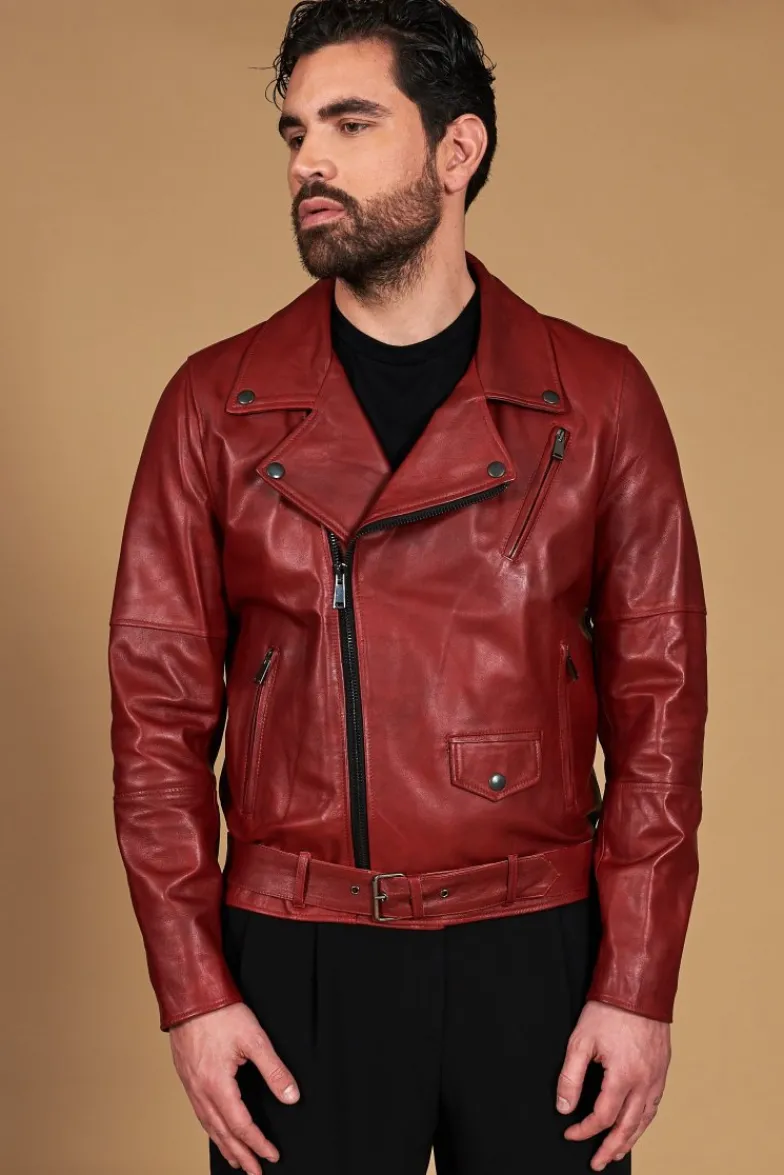 Uomo D'Arienzo Chiodo biker - Chiodo biker in pelle rossa con cintura effetto liscio
