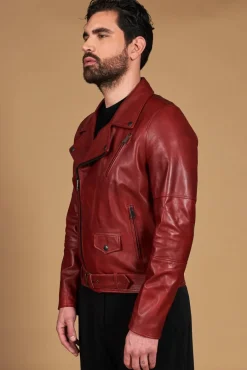 Uomo D'Arienzo Chiodo biker - Chiodo biker in pelle rossa con cintura effetto liscio