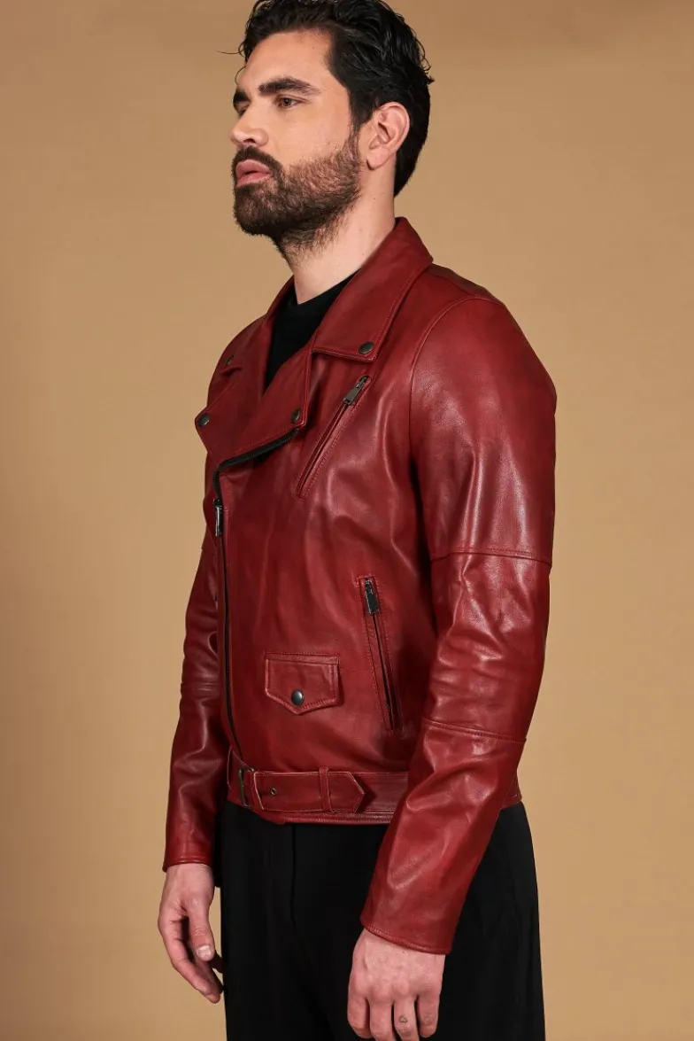 Uomo D'Arienzo Chiodo biker - Chiodo biker in pelle rossa con cintura effetto liscio
