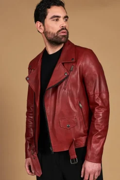 Uomo D'Arienzo Chiodo biker - Chiodo biker in pelle rossa con cintura effetto liscio
