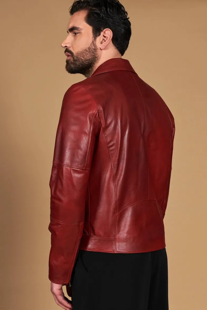 Uomo D'Arienzo Chiodo biker - Chiodo biker in pelle rossa con cintura effetto liscio