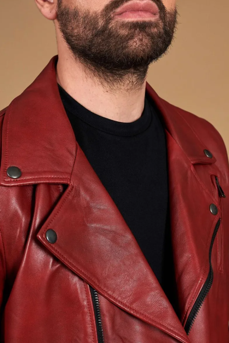 Uomo D'Arienzo Chiodo biker - Chiodo biker in pelle rossa con cintura effetto liscio
